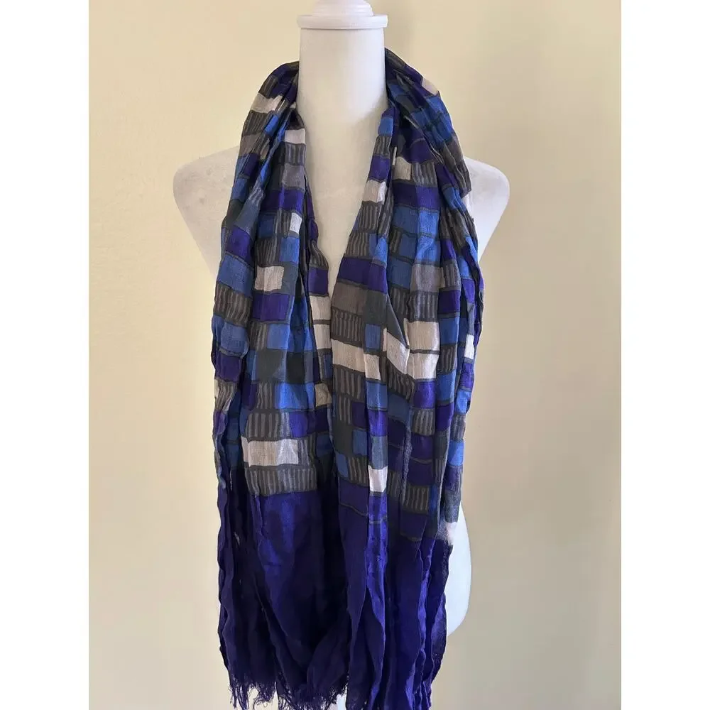 Banana Republic Silk Wool Scarf Purple Blue Geometric Crinkle Fringe Wrap Shawl